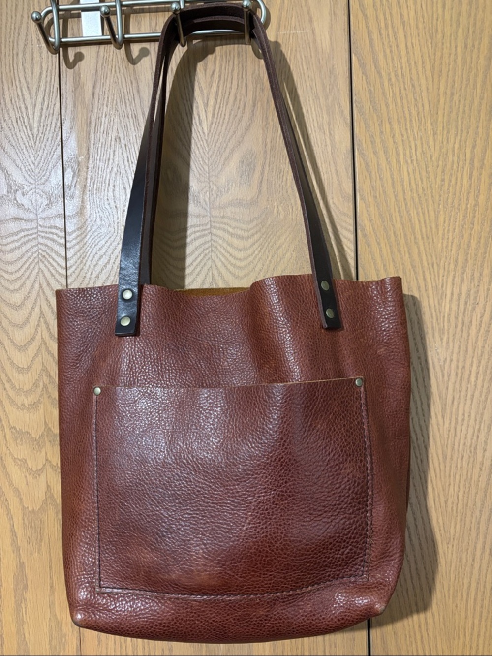 Portland Classic Brown Textured Leather Tote Bag purse with Front Pocket